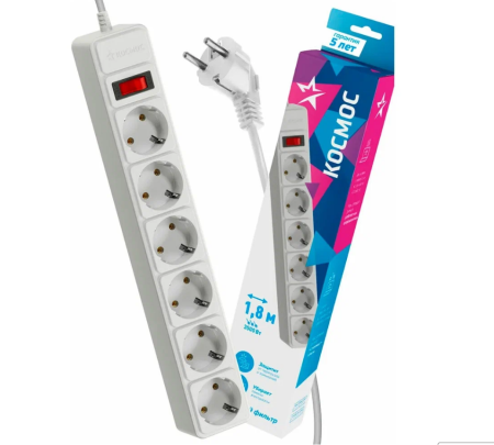 Сетевой фильтр КОСМОС сет.ПВС 3х1  6 роз. 1.8 м 16А (3500 Вт) белый, земля, выкл. FKsm1.8m-6g(W)16A