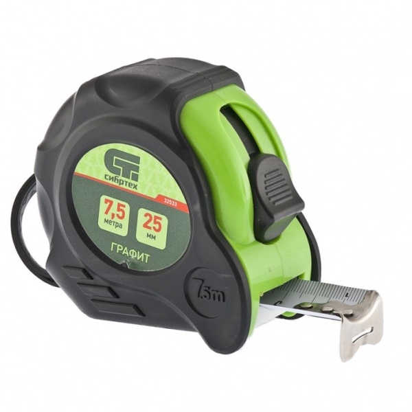 Рулетка Графит, обрезиненный корпус, амортизатор, 7,5 м х 25 мм// Сибртех