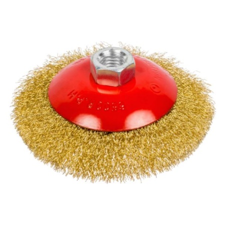 Щетка-крацовка коническая, латунированная стальная проволока, посадочная гайка М14, 115мм