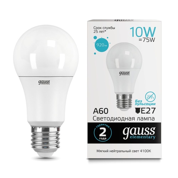 Лампа Gauss LED Elementary A60 E27 10W 4100K 1/40