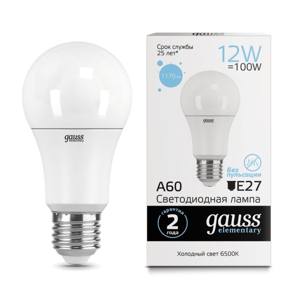 Лампа Gauss LED Elementary A60 12W E27 6500K 1/10/50